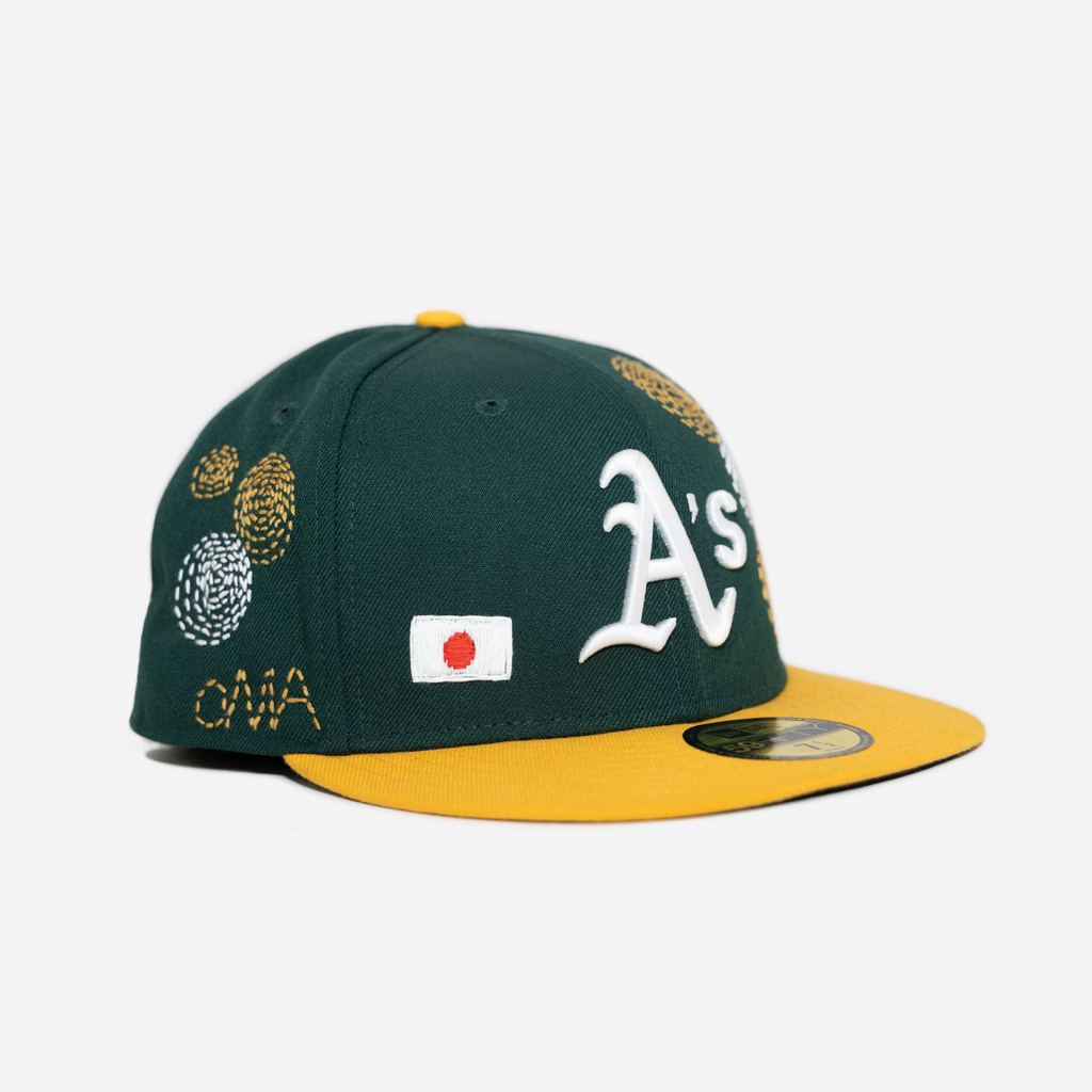 oAKLAND A'S SASHIKo EMBRoIDERED FITTED HAT (GREEN/GoLD)