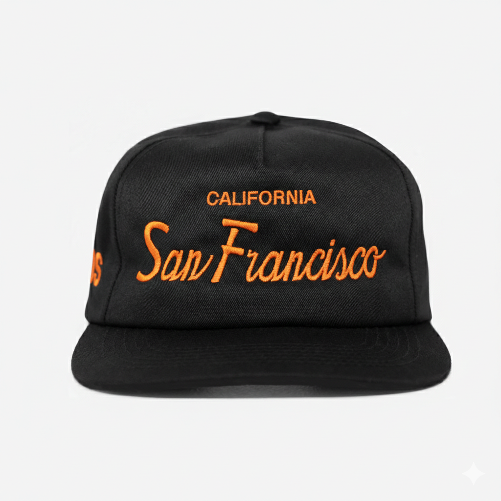 SAN FRANCISCo, CALIFoRNIA THRoWBACK HAT (BLK/oRANGE))